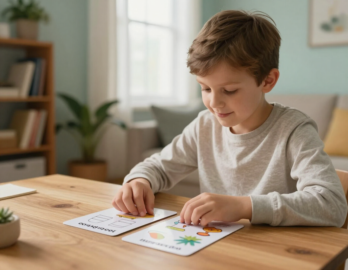 Child writing on flashcards at a wooden table in a bright room
