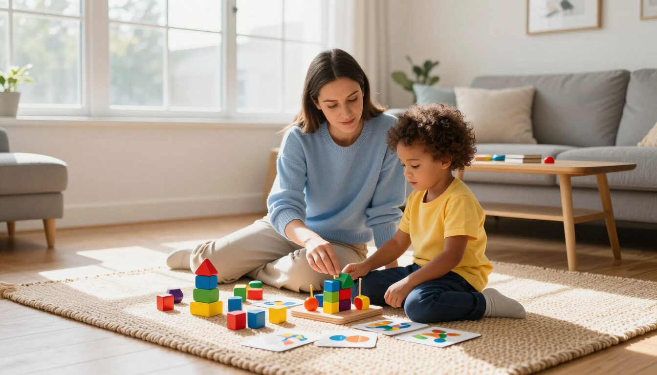 Adult and child playing with colorful blocks on a rug in a bright living room