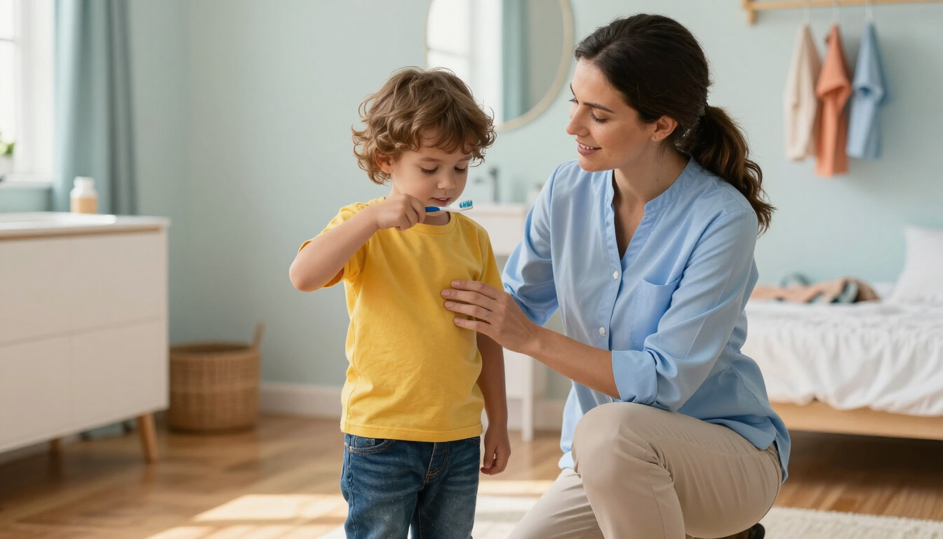 Woman helping a child in a yellow shirt hold a cup in a bright room