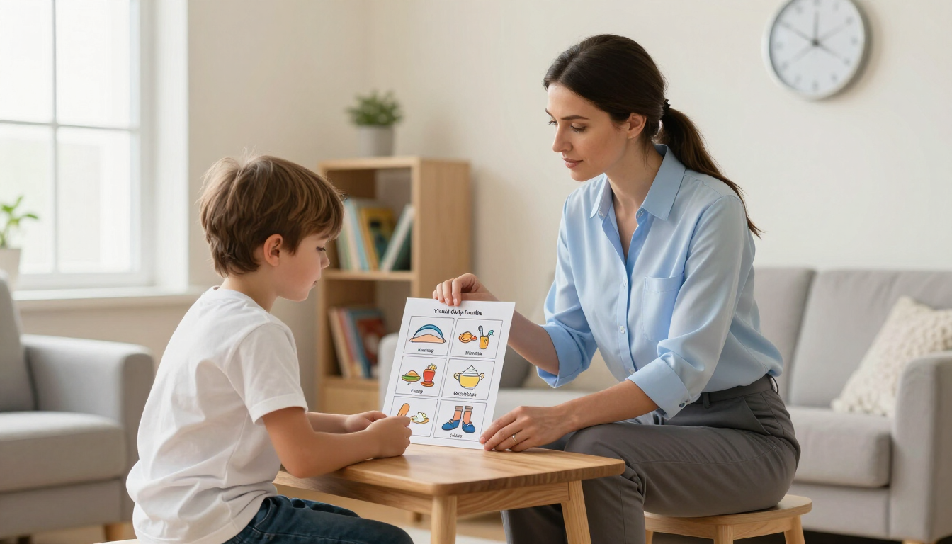 Woman helping child with an activity sheet at a small table in a bright living room