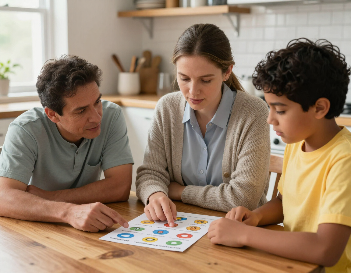 Three people gather around a table, reviewing a colorful worksheet together in a bright kitchen.