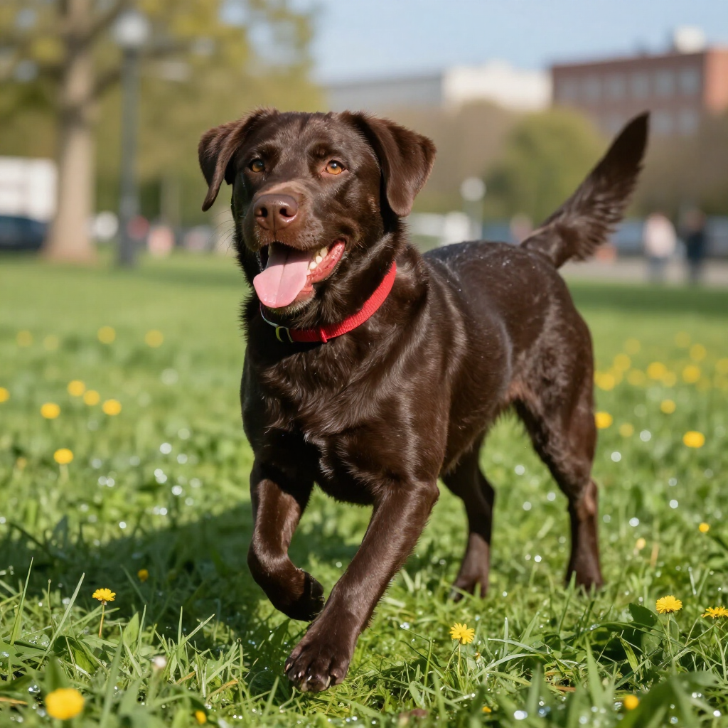 Brown dog running on grass with a red collar, tongue out, in a sunny park