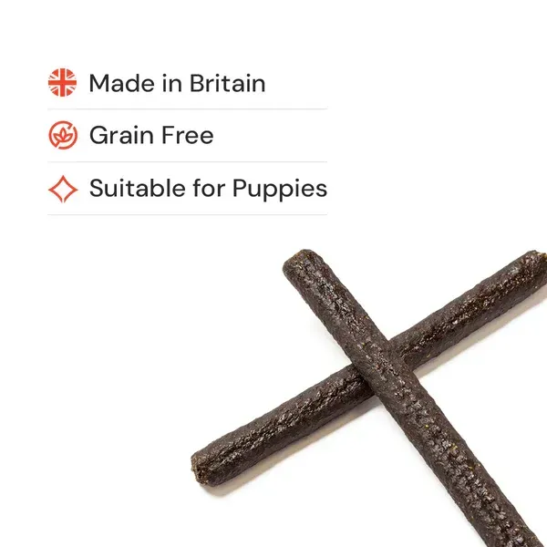 Dog treat sticks with labels: Made in Britain, Grain Free, Suitable for Puppies