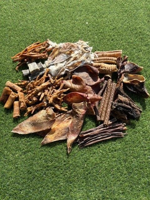 Pile of assorted dried natural materials, including leaves, twigs, and seed pods, on green grass