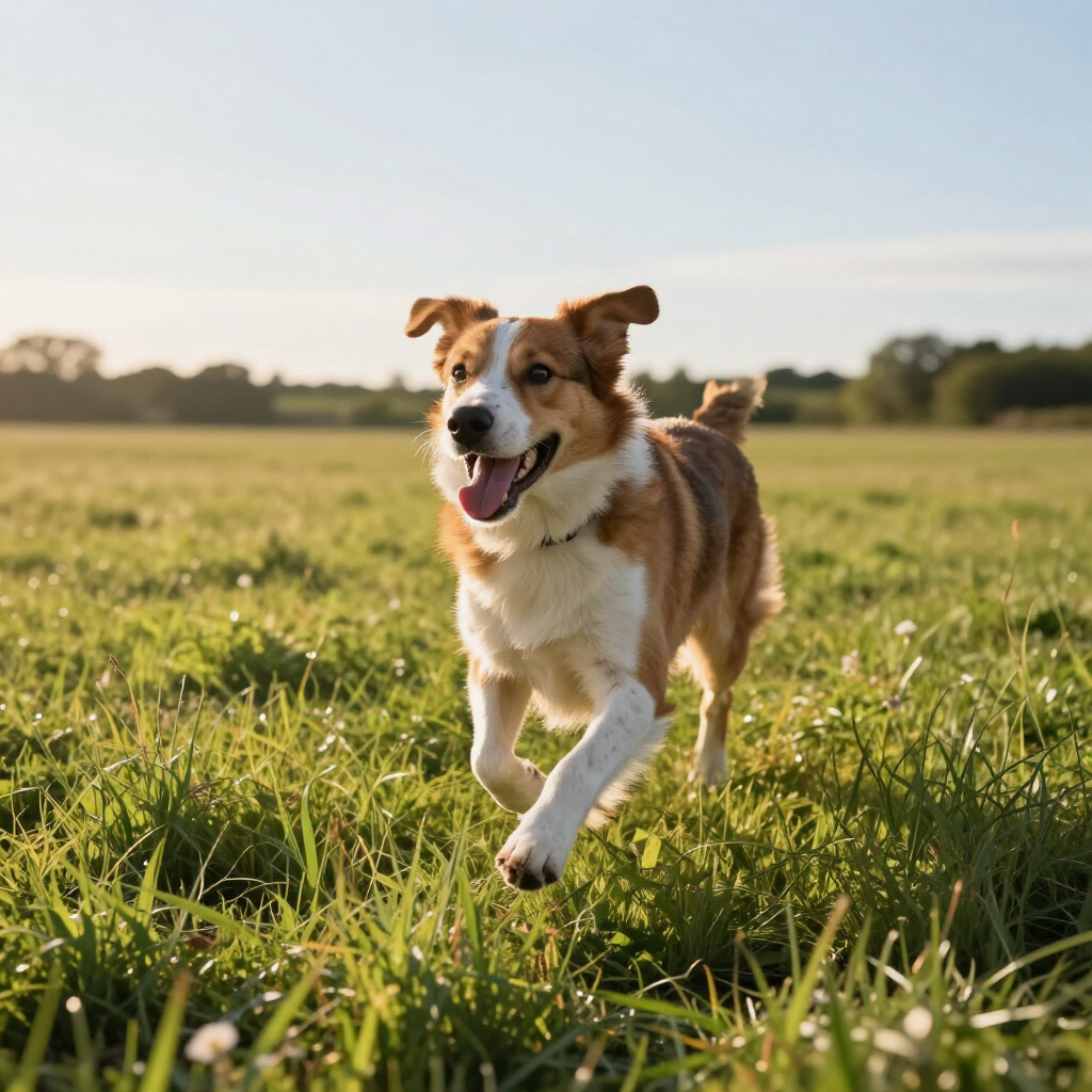 Brown and white dog running through a sunlit grassy field, tongue out and ears flapping