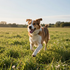 Brown and white dog running through a sunlit grassy field, tongue out and ears flapping