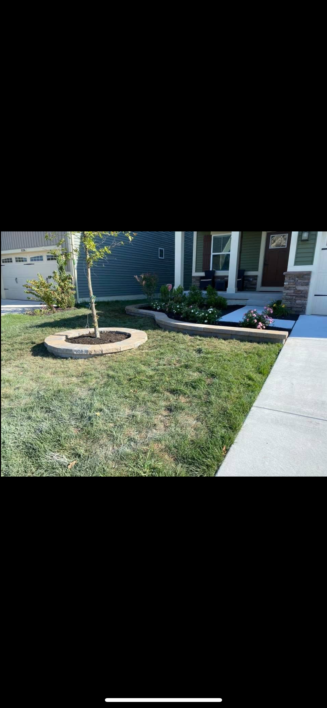 A residential front yard features a small tree in a circular stone planter and a curved retaining wall bordering a garden.