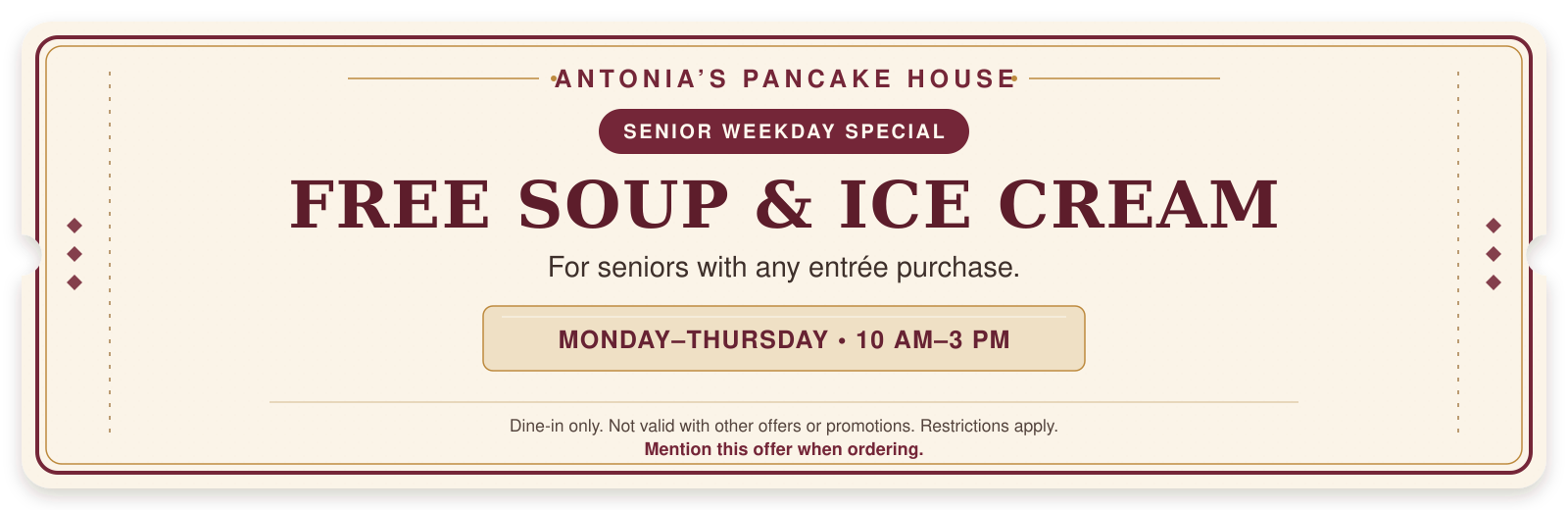 Free soup and ice cream senior special at Antonia's Pancake House