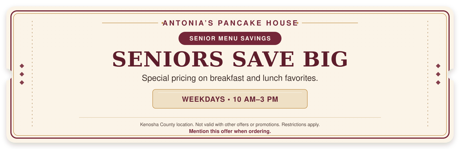 Senior menu savings coupon at Antonia's Pancake House