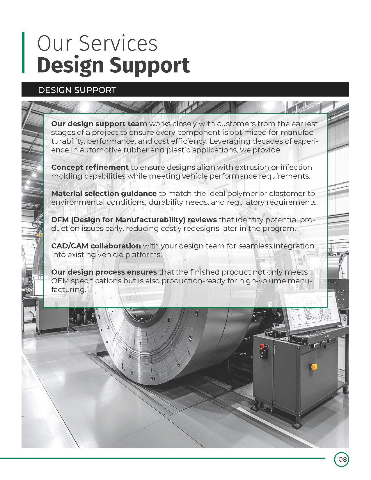 Brochure page titled “Design Support” with an aircraft turbine and technical text overlay