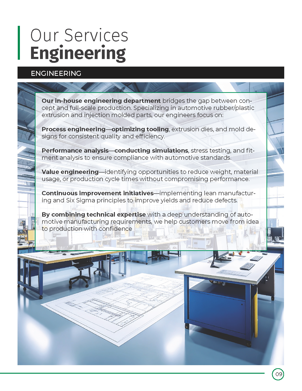 Engineering services brochure with a modern lab interior and technical text overlay