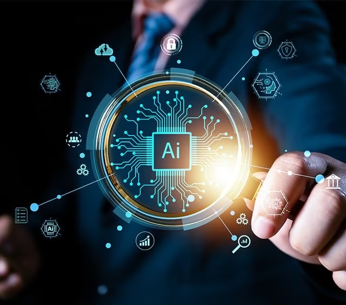 Hand pressing glowing AI icon on digital interface with circuit and tech symbols
