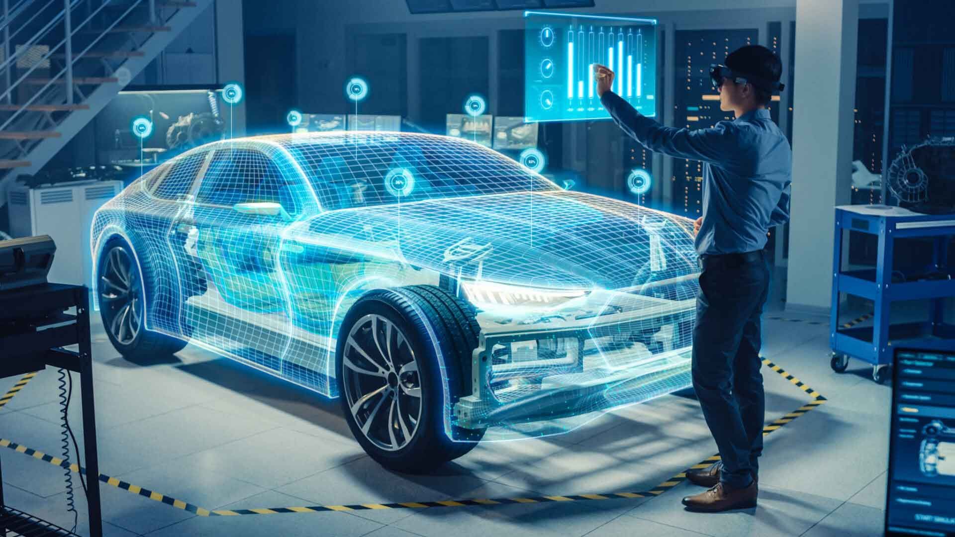Technician examining a holographic electric car model in a futuristic lab