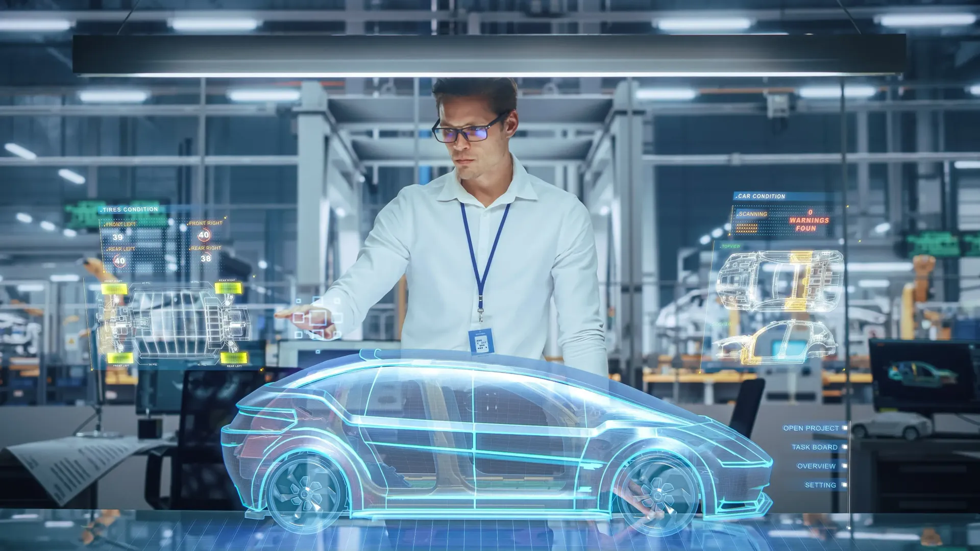 Engineer examining a holographic car model in a futuristic lab