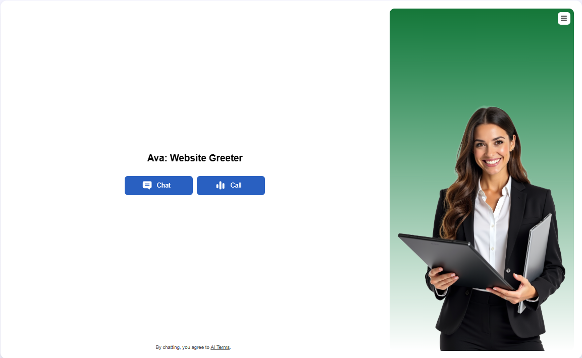 Website mockup with a green panel showing a woman holding a tablet beside login buttons