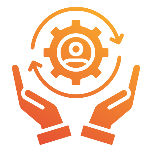 Orange hands holding a gear with a user icon and circular arrows above them