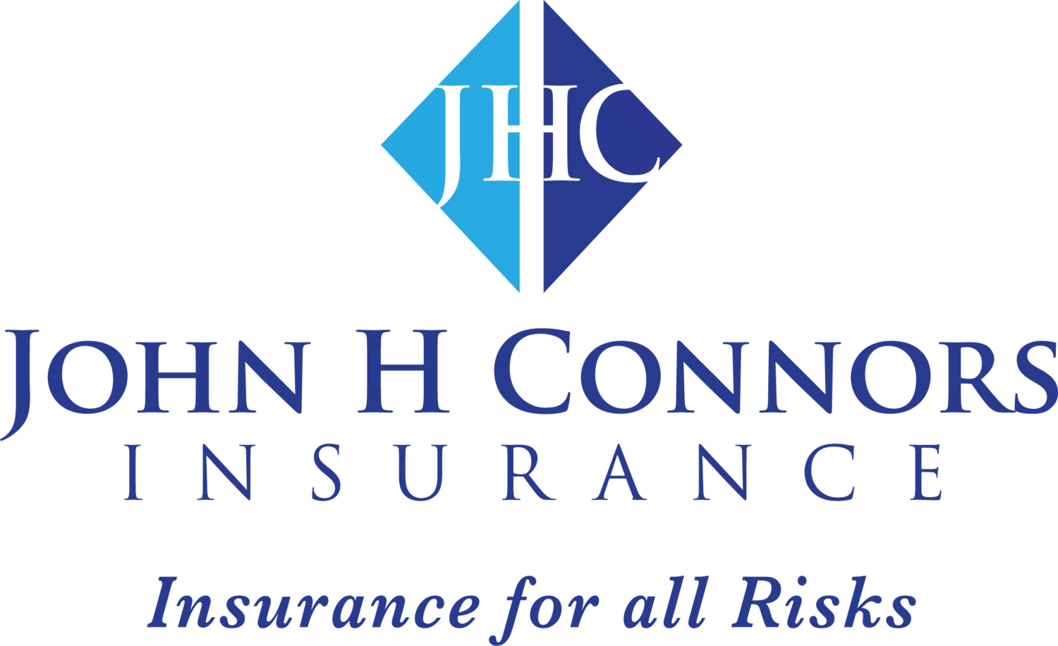 The john h connors insurance logo is blue and white and says insurance for all risks.