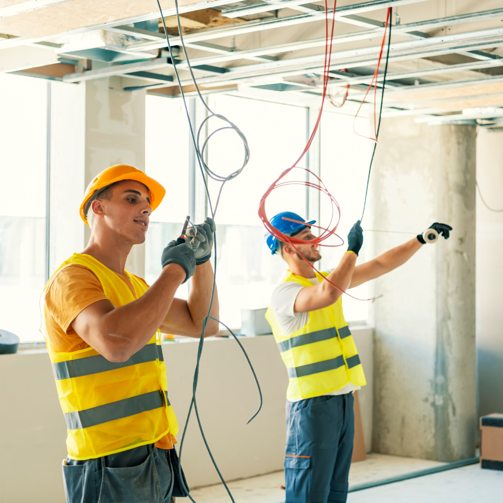 Two electricians installing wiring in a building under construction; one cuts wire, the other points.