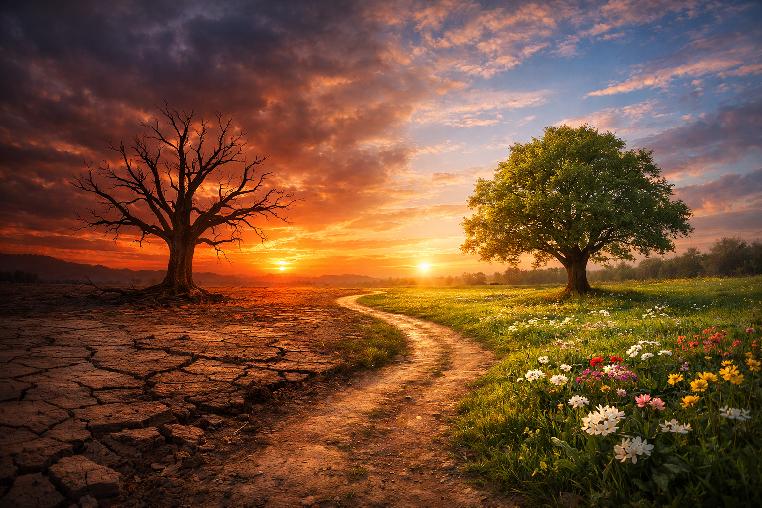 Dry barren landscape contrasts lush green field. Path leads from dead tree under dark sky to vibrant tree under sunset. Dry barren landscape contrasts lush green field. Path leads from dead tree under dark sky to vibrant tree under sunset.