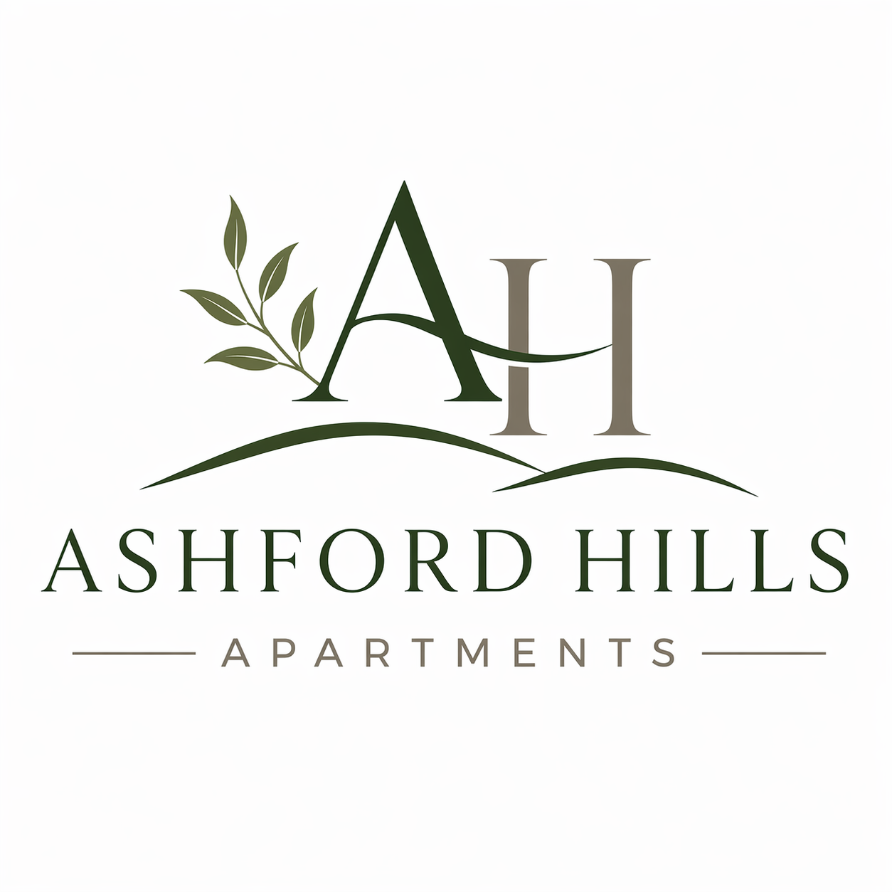 Ashford Hills Apartments logo with green “AH” monogram and leaf accents on a white background