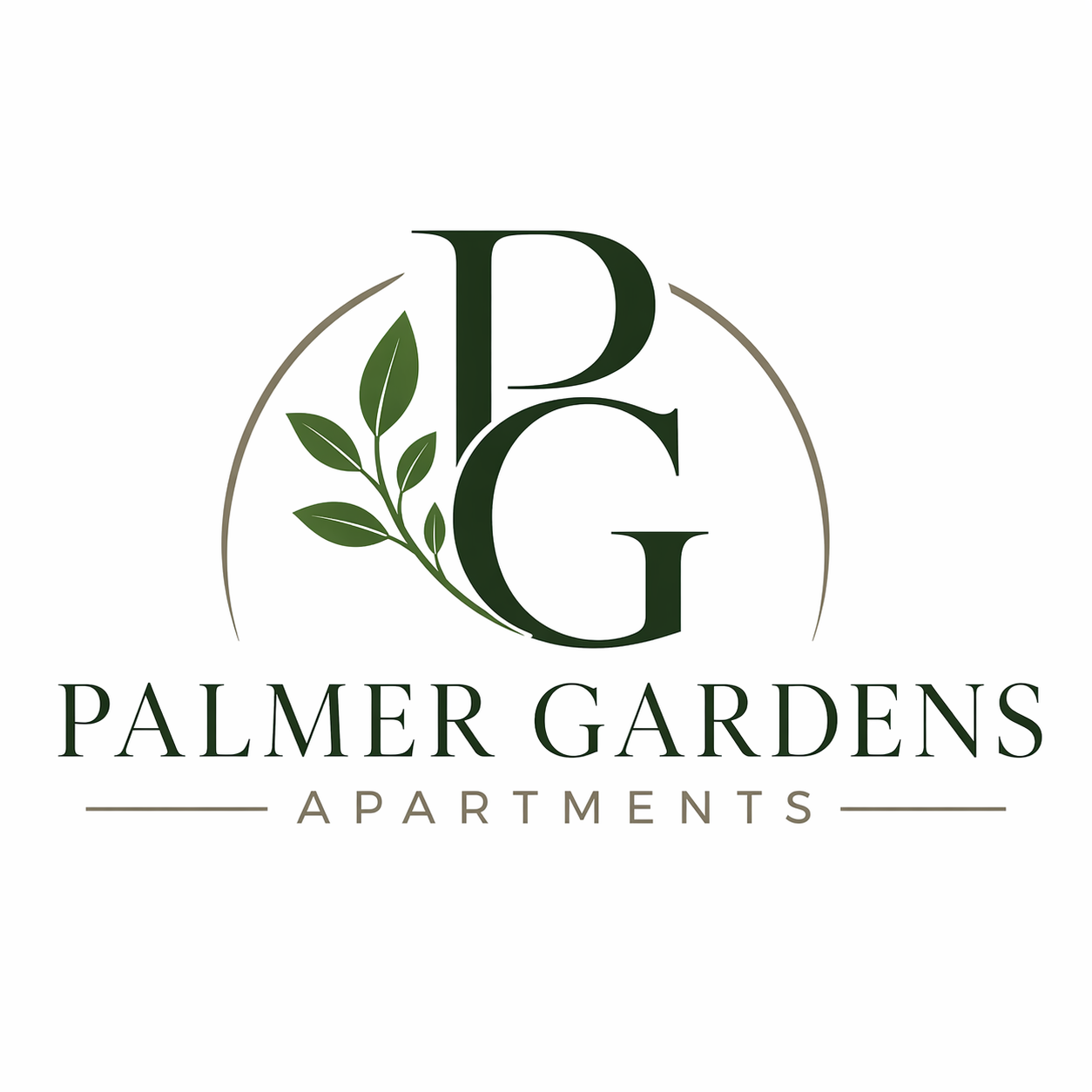 Palmer Gardens Apartments logo with green P and G monogram and leaf accents