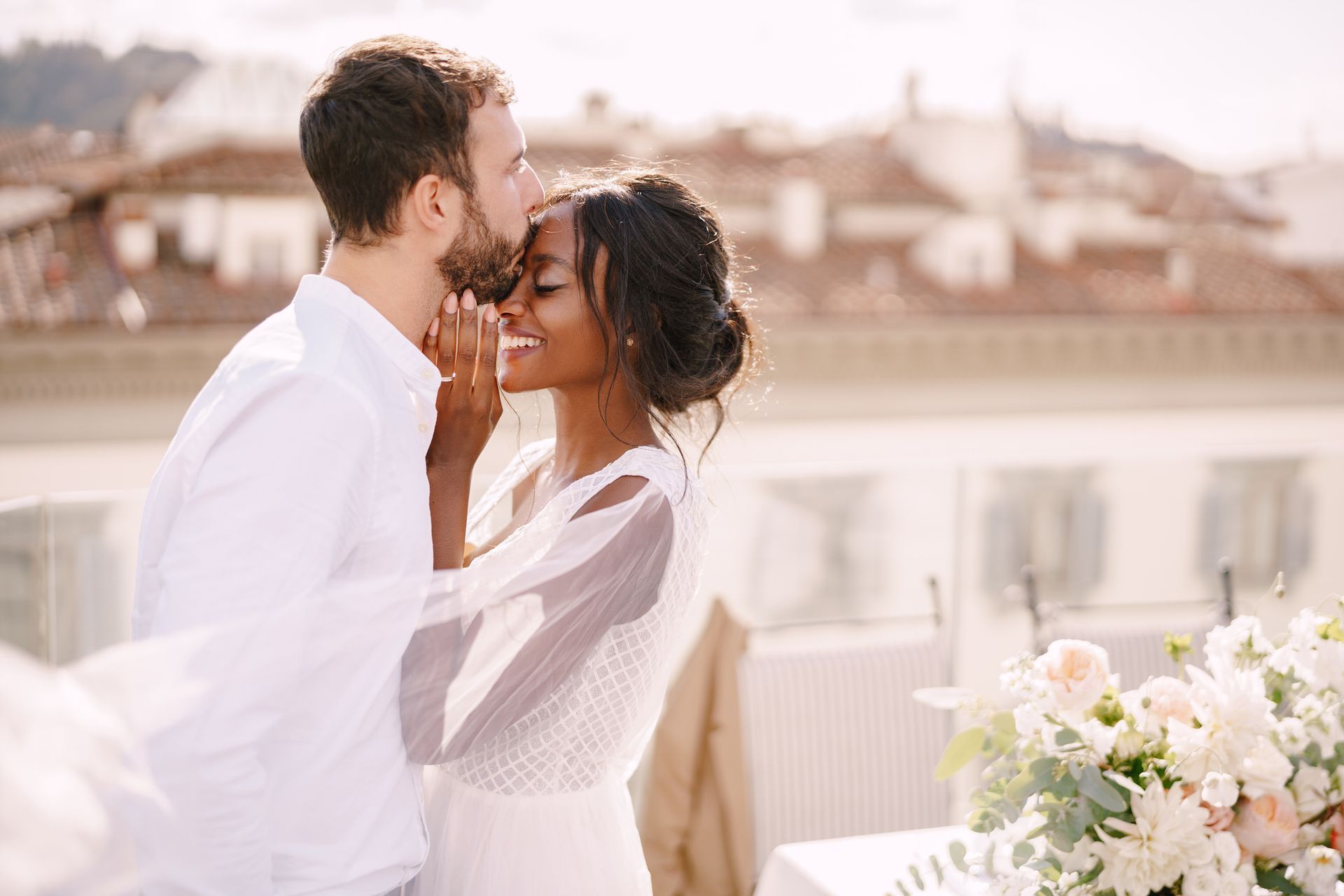 a safe outdoor wedding photo of the bride and groom