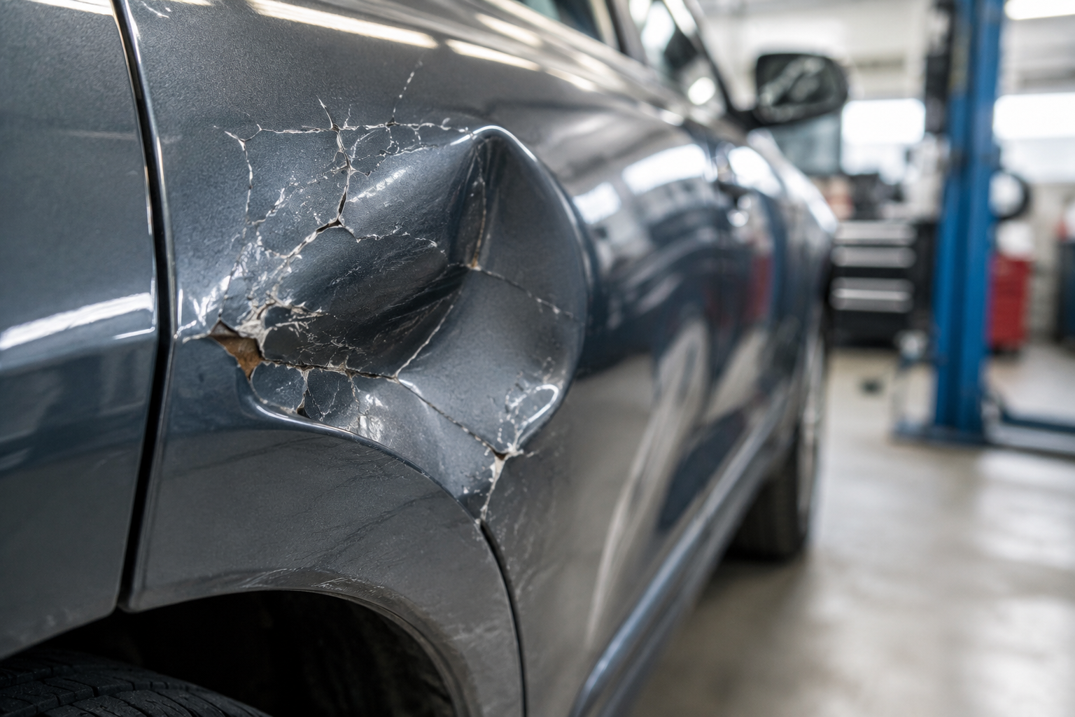 Dented gray car door with severe body damage in an auto repair shop