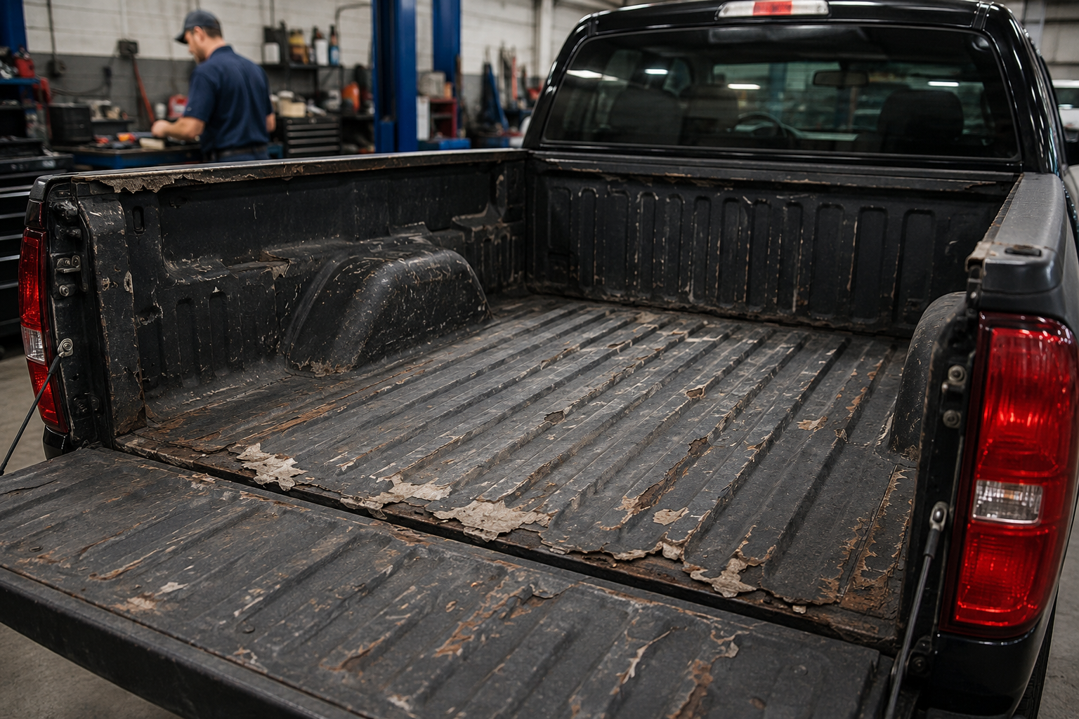 Black pickup truck bed with a worn, rusty liner in an auto shop garage.