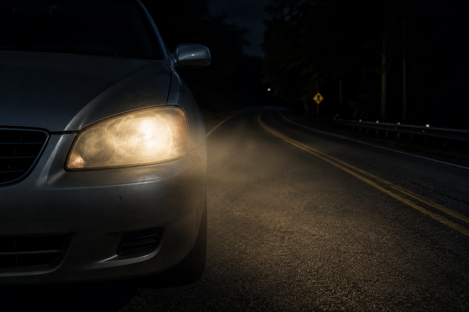 Car’s headlights shining on a dark road at night, with the front of the car visible