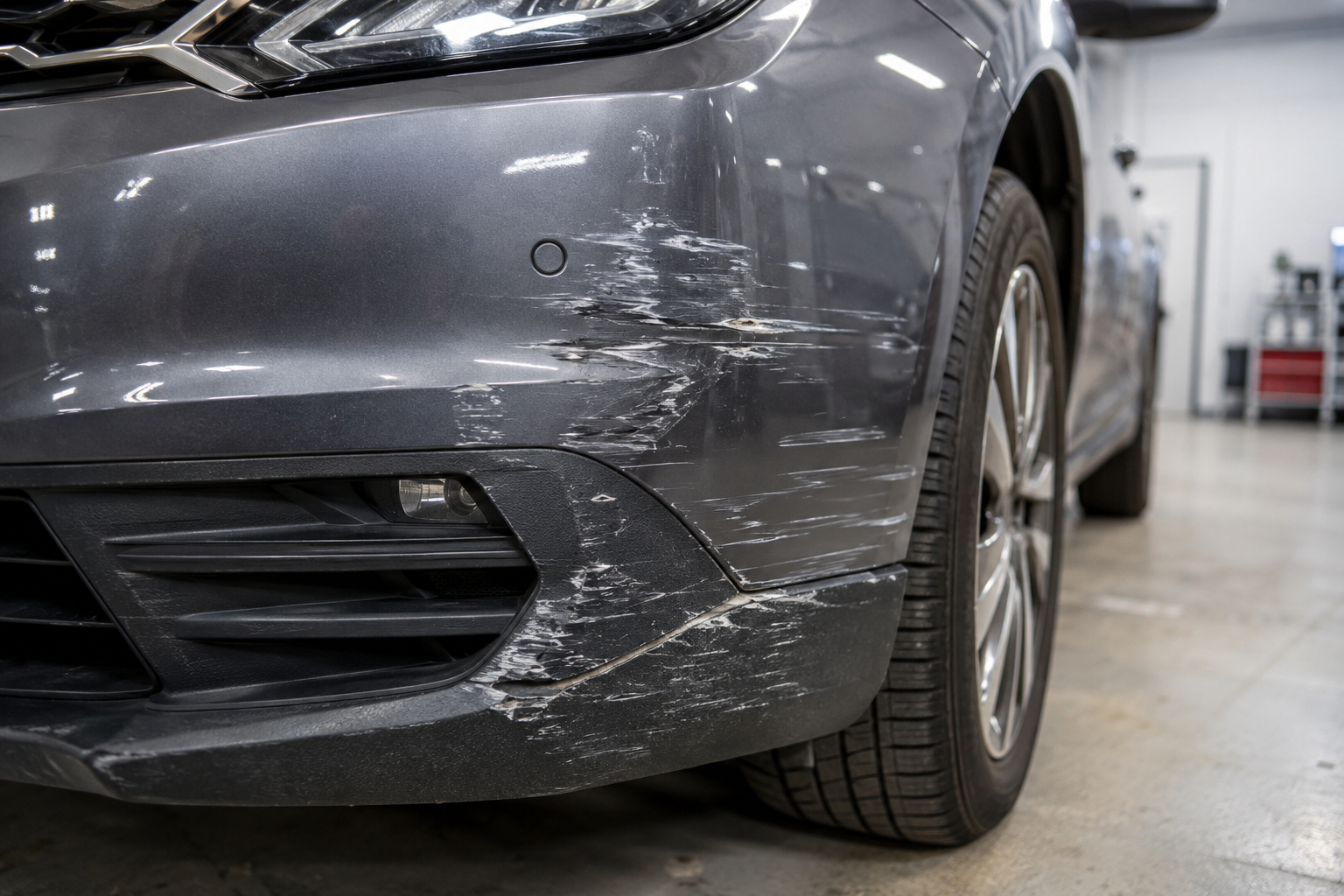 Front-left of a gray car with scrapes and paint damage on the bumper in a garage.