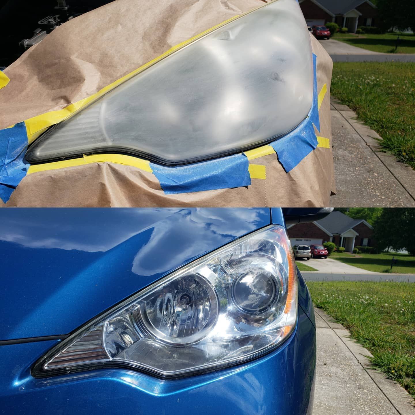 A blue car is being painted with yellow tape