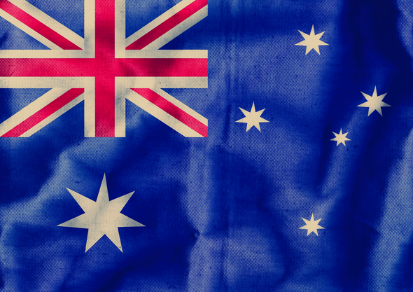Australian flag with a blue background, red and white design.