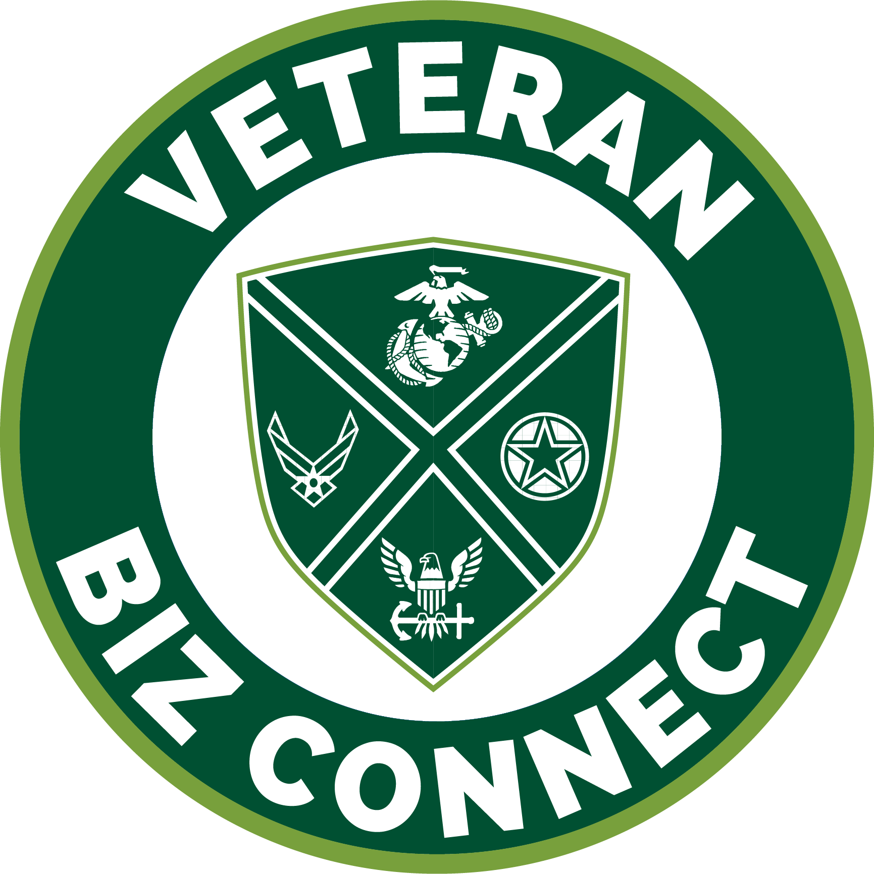 A green veteran biz connect logo with a shield in the center
