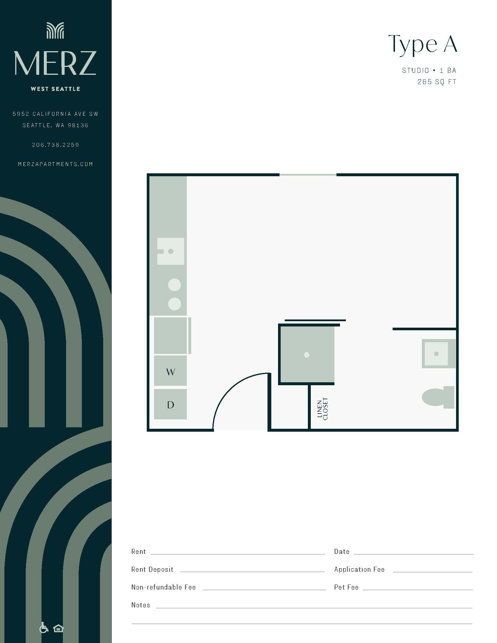 A floor plan of a small apartment with a bathroom and kitchen.