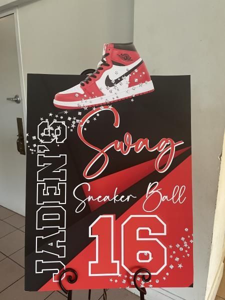 Jordan sneaker ball poster with red and black design and a pink-and-white sneaker at the top