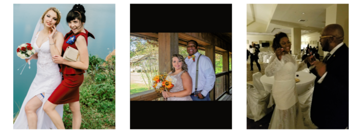 Three wedding scenes: couple posing outdoors, dancing under a canopy, and a bride toasting with guests