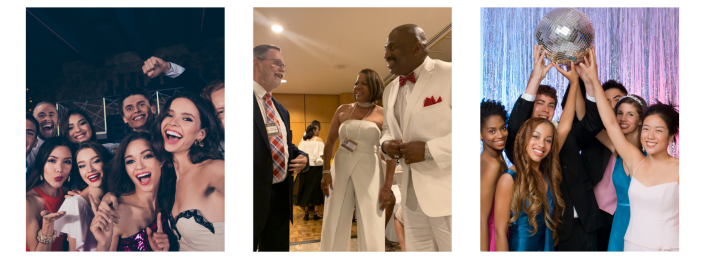 Wedding guests posing and celebrating at a reception, with champagne glasses and a bouquet toss in the center.
