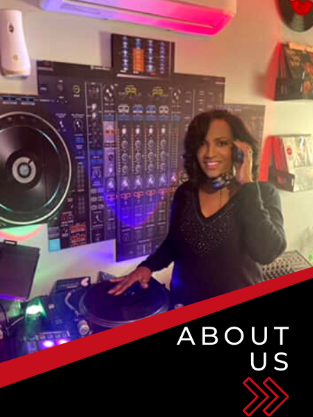 Woman in a DJ booth with colorful lighting and “ABOUT US” text overlay