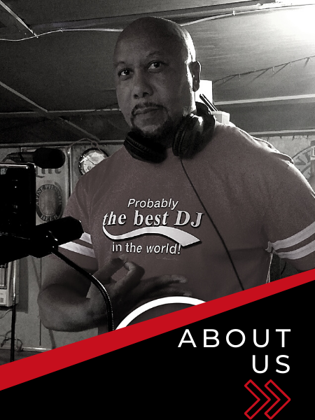 DJ wearing headphones at a turntable, with “About Us” text on a red-and-black graphic background