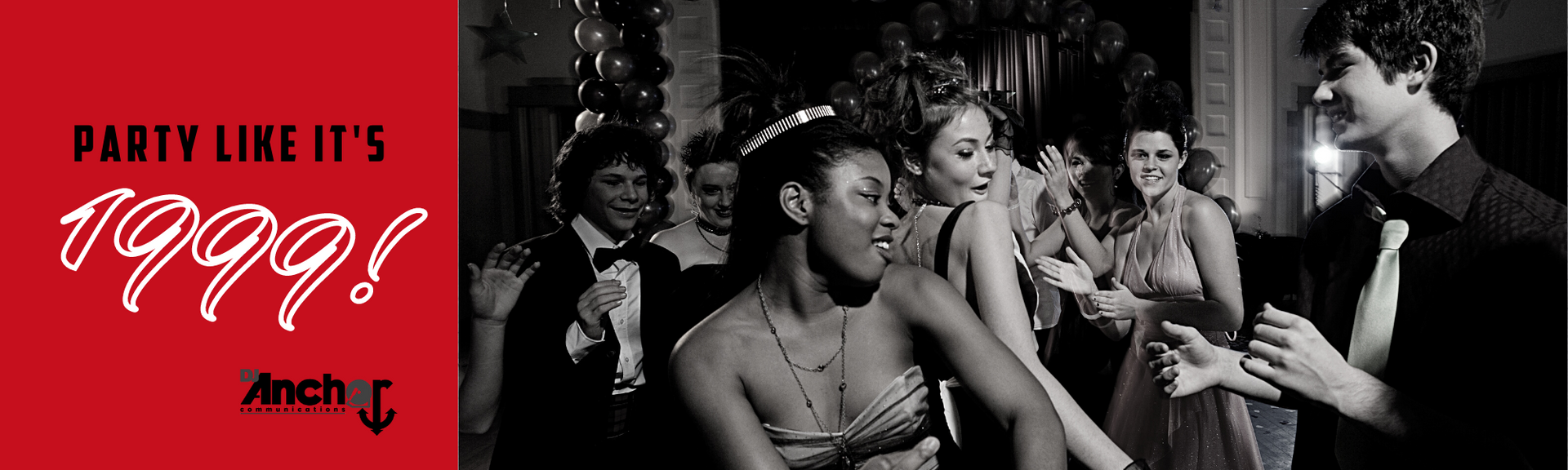 Party flyer with red “1999!” text beside black-and-white friends laughing at a table
