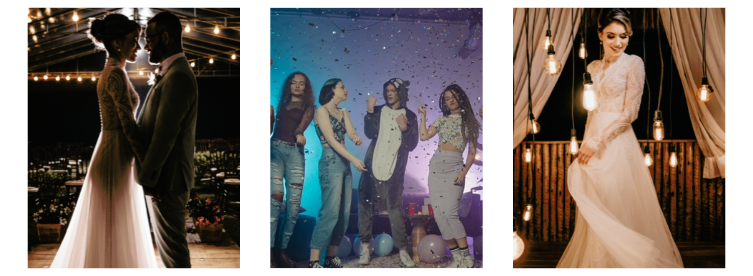 Three-panel wedding montage: bride posing in white gown, friends dancing, and bride standing under warm lights