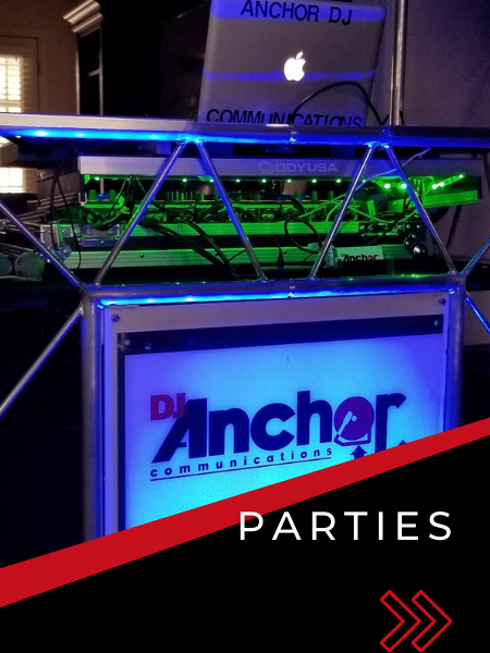 Blue-lit DJ booth with Anchor Communications signage and “PARTIES” text at the bottom