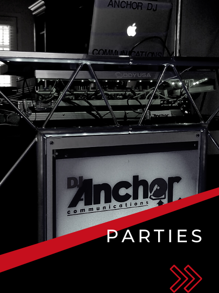 DJ booth with Anchor signage and laptop at a party, with a red diagonal banner reading “PARTIES”