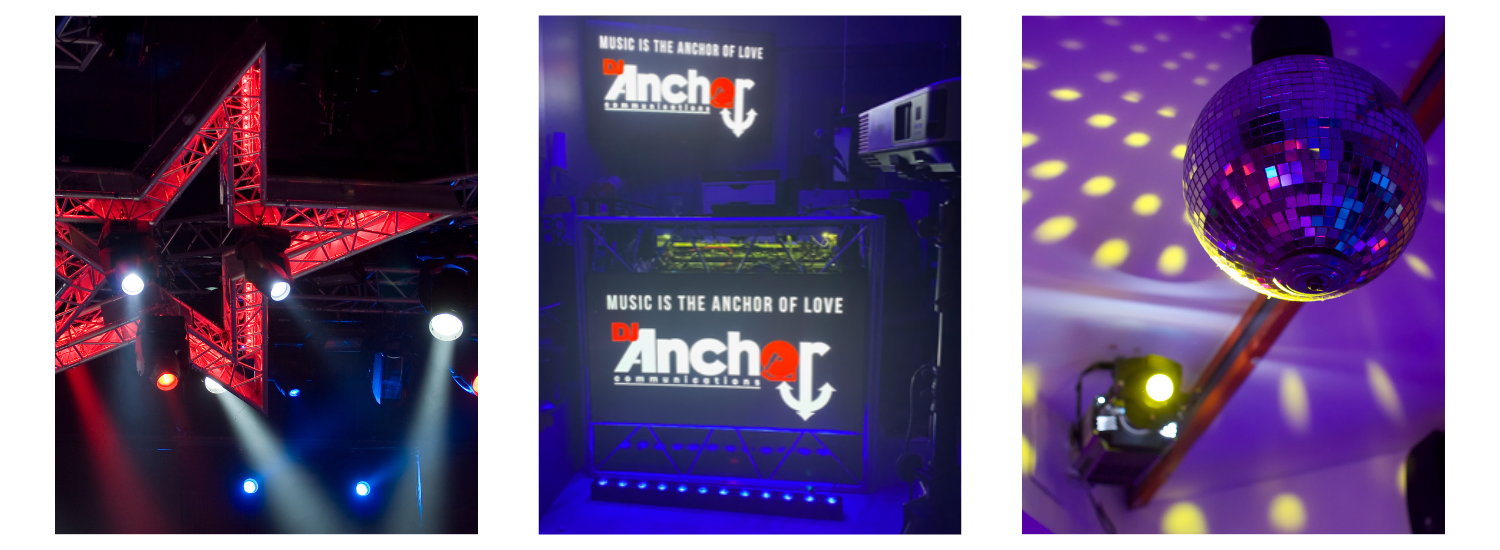 Three stage-lit concert scenes featuring a red star, Anchor-branded backdrop, and a disco ball with purple lights