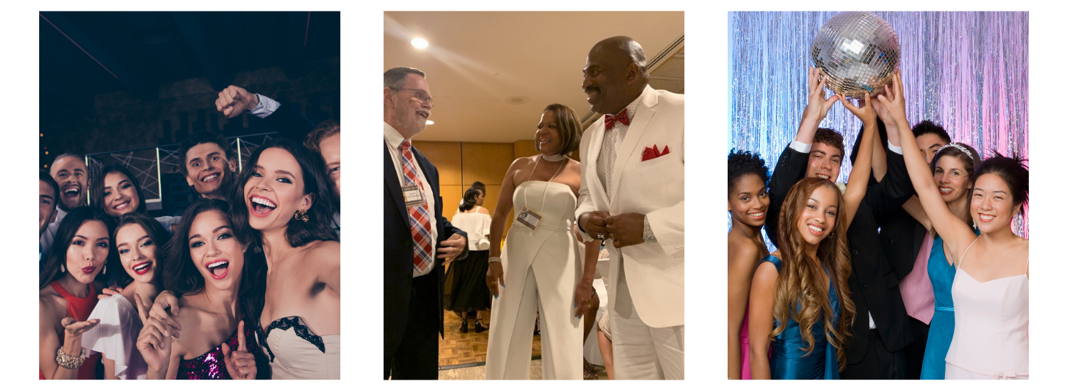 Three party photos: friends posing, a couple in formalwear, and women cheering under a disco ball