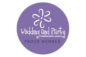 Purple circular Wedding and Party network.com proud member logo with white flower icon