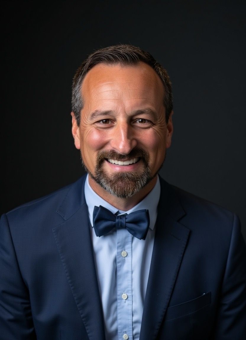 Smiling man in a navy suit and bow tie against a dark background
