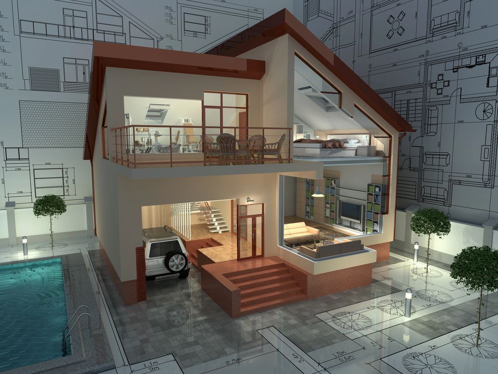 Modello in sezione di una moderna casa a due piani con stanze illuminate, balcone, garage, piscina e cortile paesaggistico.
