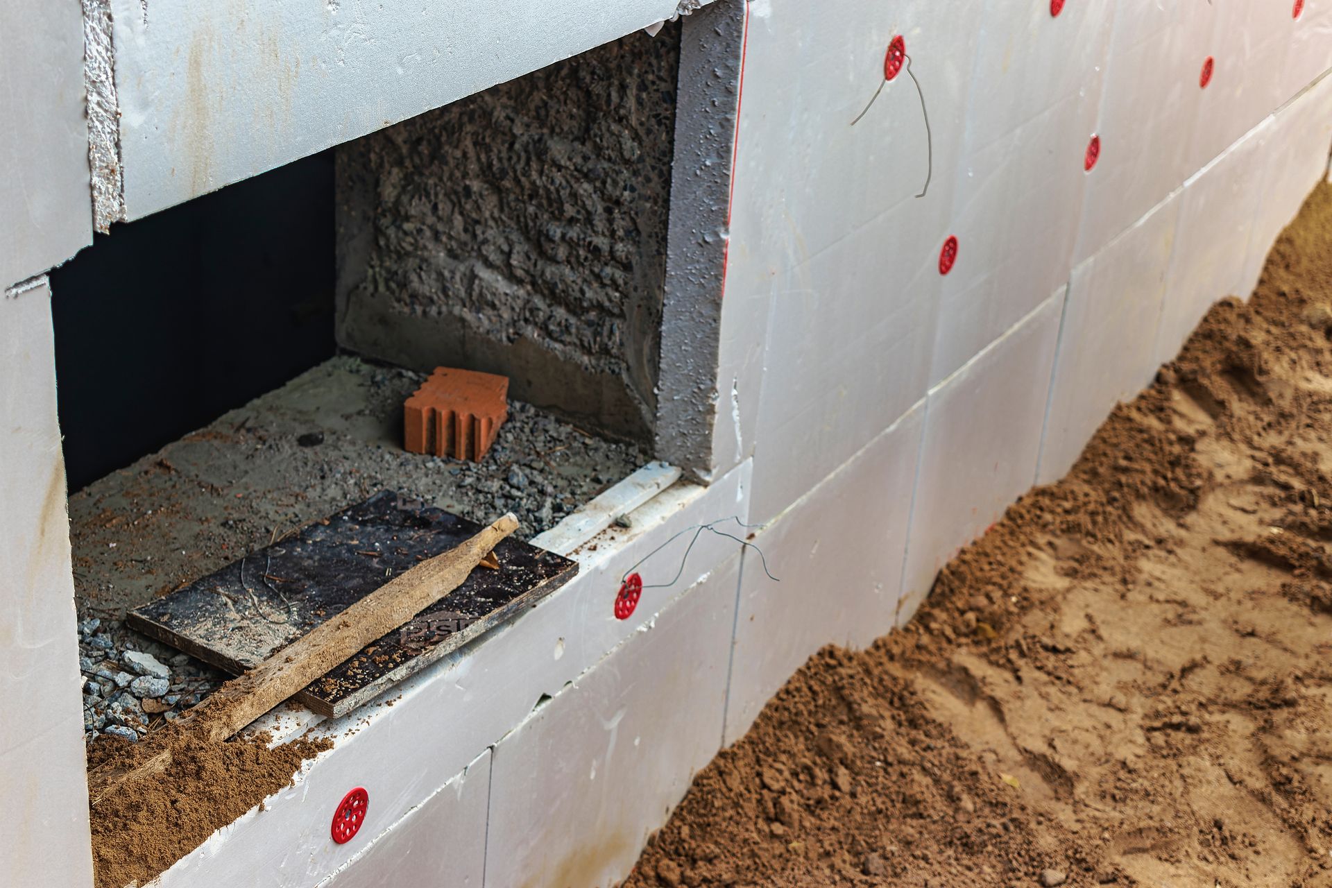 Partially built wall with insulation and exposed bricks at a construction site