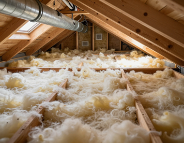 Attic with blown-in fiberglass insulation beneath exposed wooden rafters and a metal duct
